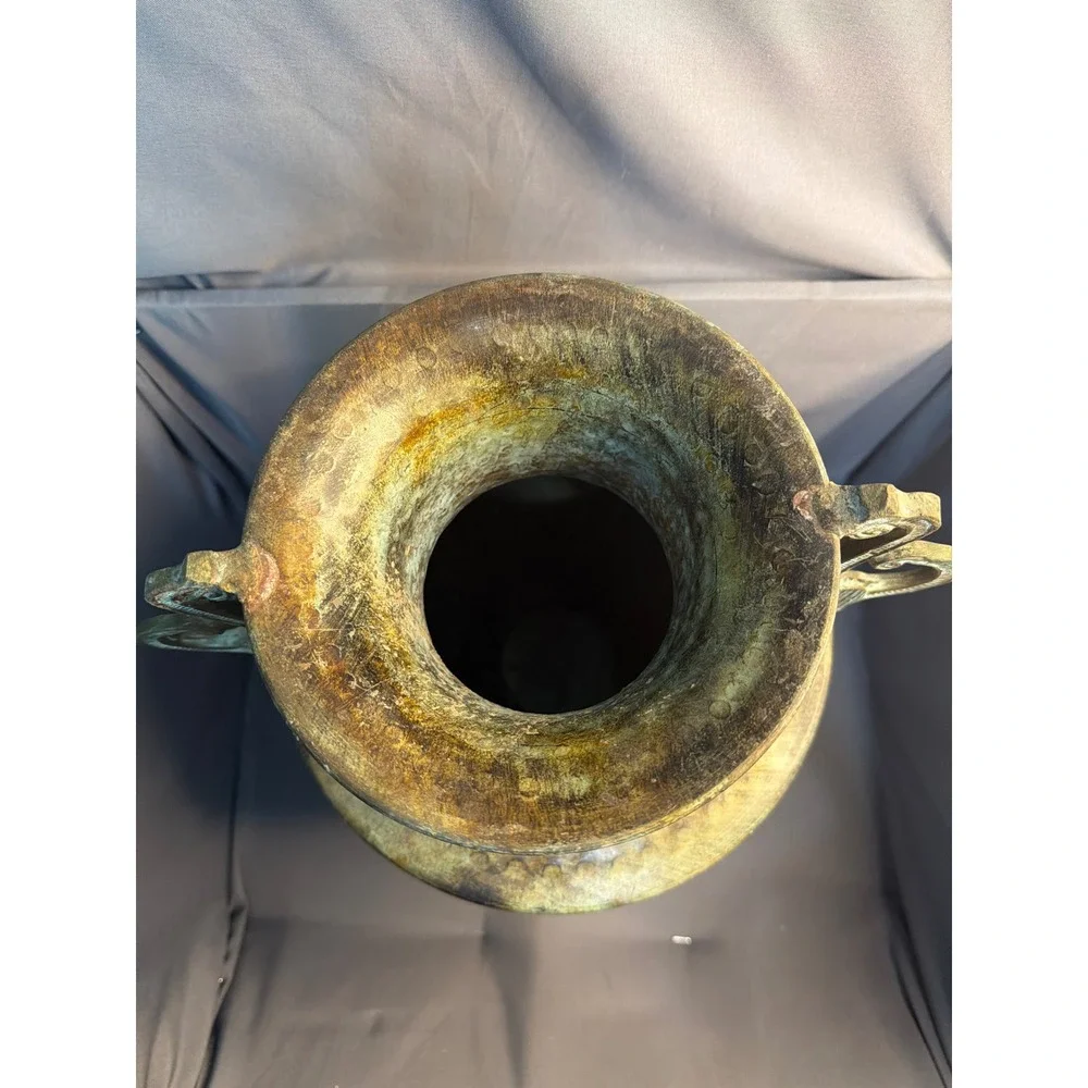 Vintage Brass Urn Vase Verdigris Patina Fluted Metal Vessel Ornate Handles